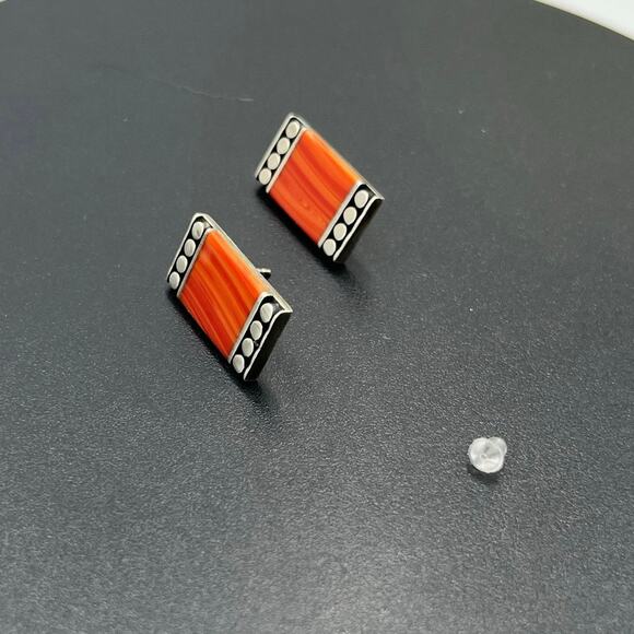 B Designer Vintage Art Deco Sterling Silver and Red Coral Rectangular Earrings - Picture 5 of 9